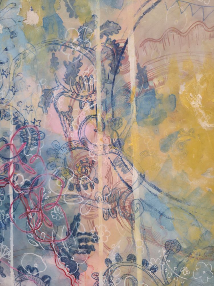 detail of semi-abstract art. fried egg on a plate in the mist. 