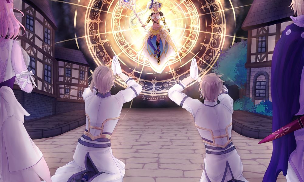 An illustrated rendition of Kasque's advent from Crestoria chapter 7. Kasque floats in the sky of Yednark, a brilliant golden halo adorned with stains of guilt lighting the whole sky behind her. Forte and Assid are on their knees, backs turned to the camera and facing Kasque, hands raised in prayer. At the corners of the scene stand Kanata and Misella, backs also turned, framing the painted background of Yednark.