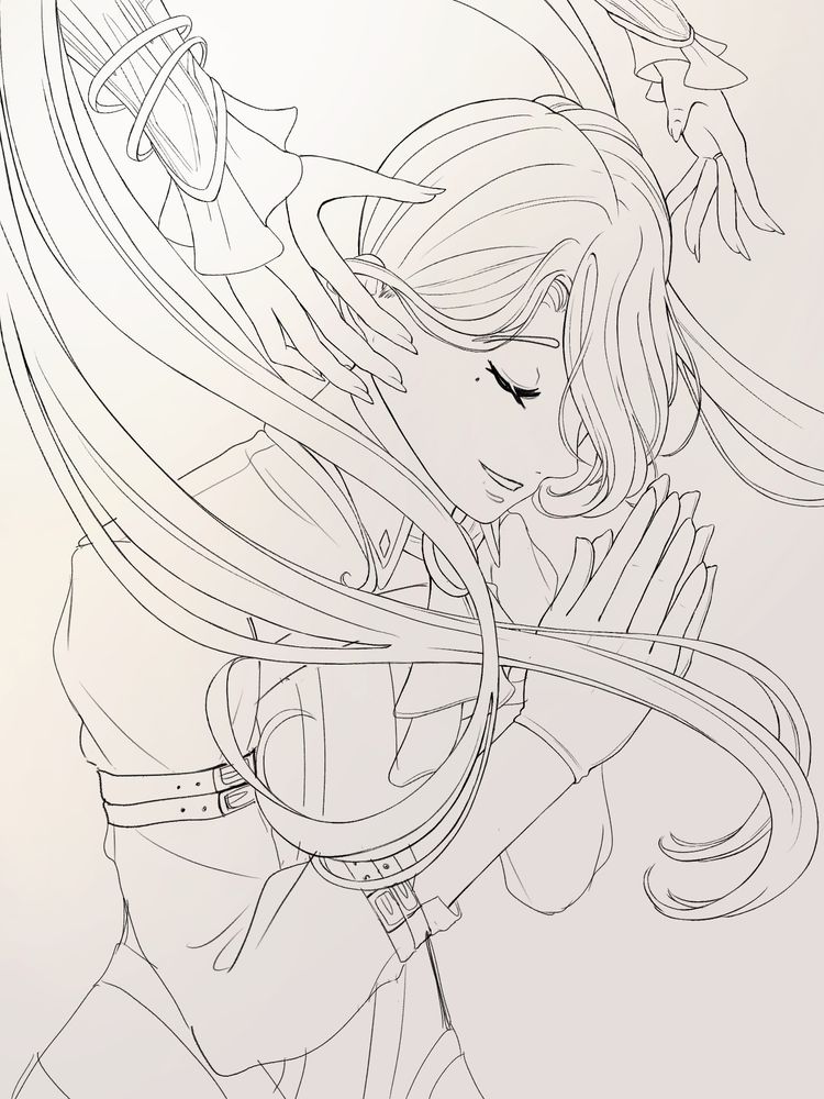 WIP/lineart of Forte leaned over in prayer, head bowed and eyes closed with a content smile. Curtaining him is Kasque's hair, as her hands reach down for him from the heavens.