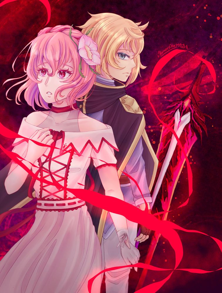 Kanata and Misella in their outfits from the two year timeskip at the end of the Crestoria manga. Misella has her hand over her heart as she looks into the distance, and Kanata stands back-to-back behind her looking over his shoulder. In the background is Kanata's Blood Sin, and swirling around it and them are wisps of red magic.
