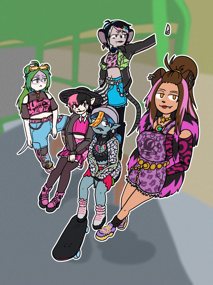 A lil art piece featuring 5 characters posing at a bus stop. To the left of the bench, with one foot planted on it, is Kass, a fish person with long green hair. Sitting on the bench are Lorz, a vampire boy, and Pecan, a jiangshi that seems to be a bit out of it. Standing on the bench between them is rat boy Hemlock, holding on to the bus stop with one hand. Leaning on the structure, finally, is Juliette's character named Colt, a smug expression on her face. They're all wearing outfits based on Monster High characters from the generation 3 line. In the same order, the outfits are faboolous friends wave 2 Lagoona Blue, faboolous friends wave 2 Draculaura, faboolous friends Ghoulia Yelps, faboolous friends wave 2 Frankie Stein and faboolous friends Clawdeen Wolf.