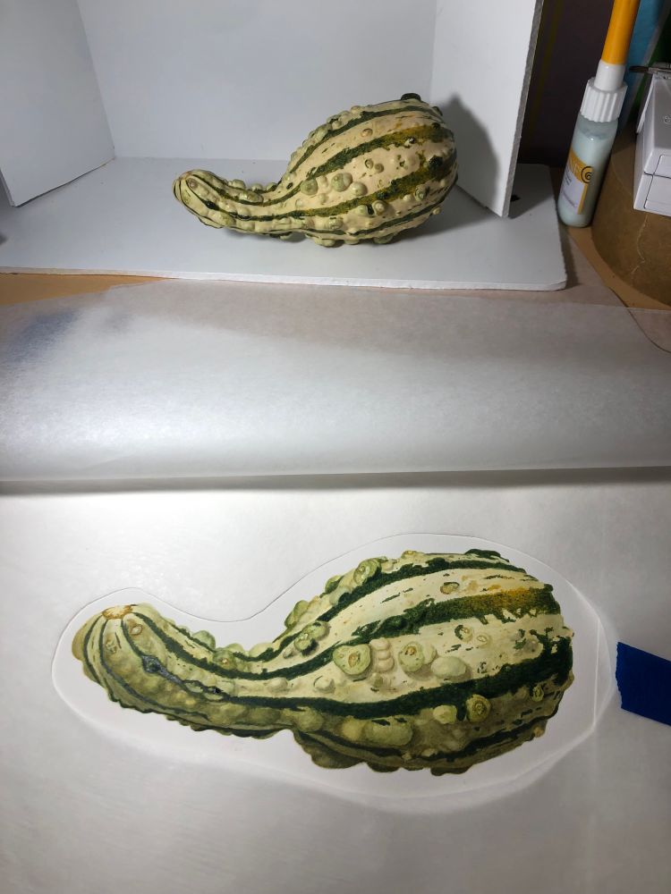 Image of a watercolor painting in front of it’s subject, a lumpy gourd. The gourd is lying down horizontally and has a bottle-like shape with a curved neck. It is mostly a creamy yellow color with dark green stripes running top to bottom. There’s a good amount of lumps and scuffs/scars.