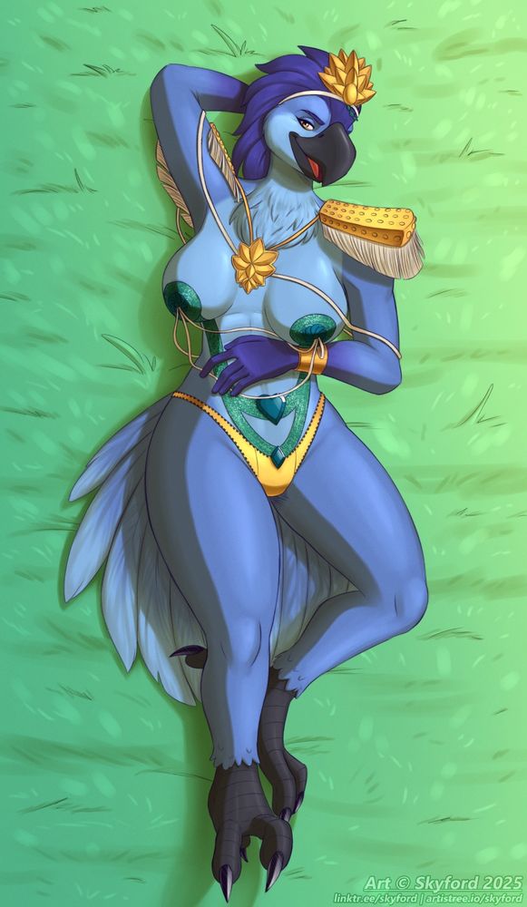 Roda, Nonbinary Blue Spix Macaw, wearing a Carnaval attire with yellow shoulder blades, Yellow bikini lower end, Green and blue jewels covering her breasts and some similar jewelry near the belly