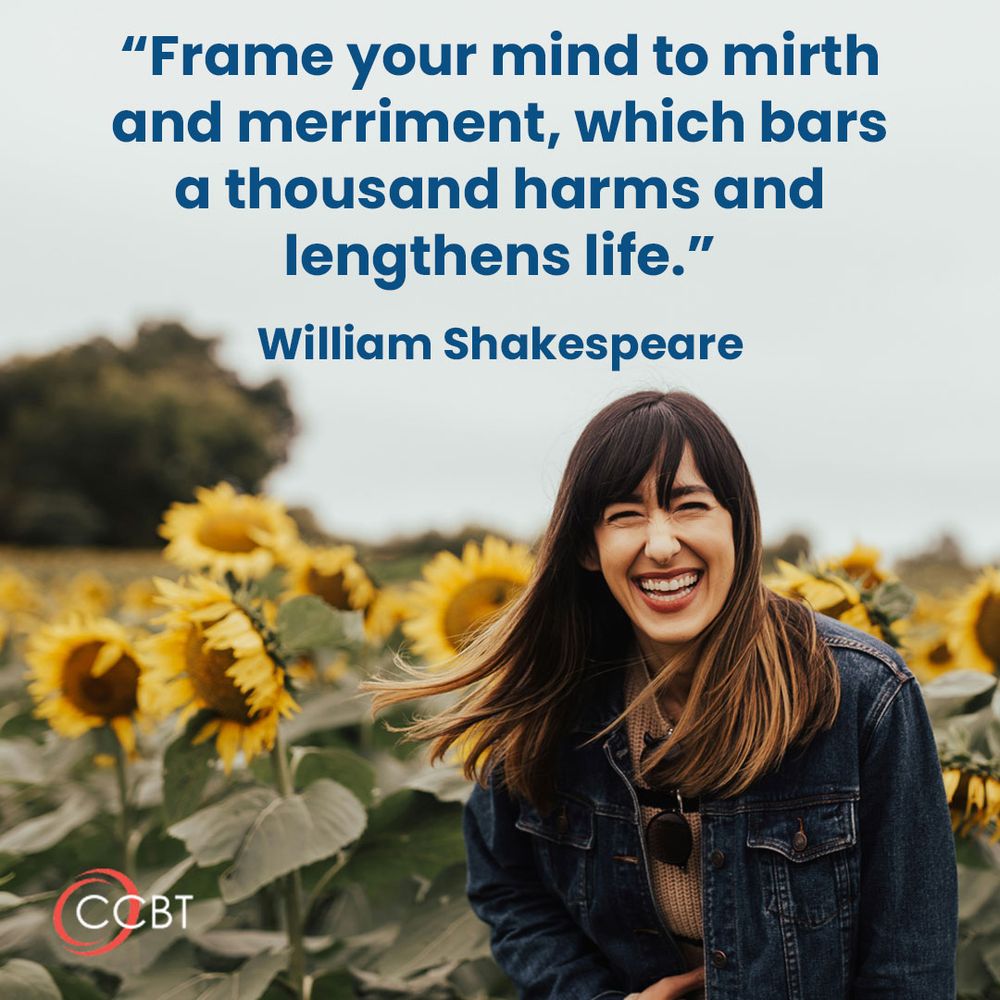 A smiling woman in a field of sunflowers with the Shakespeare quote Frame your mind to mirth and merriment, which bars a thousand harms and lengthens life.
