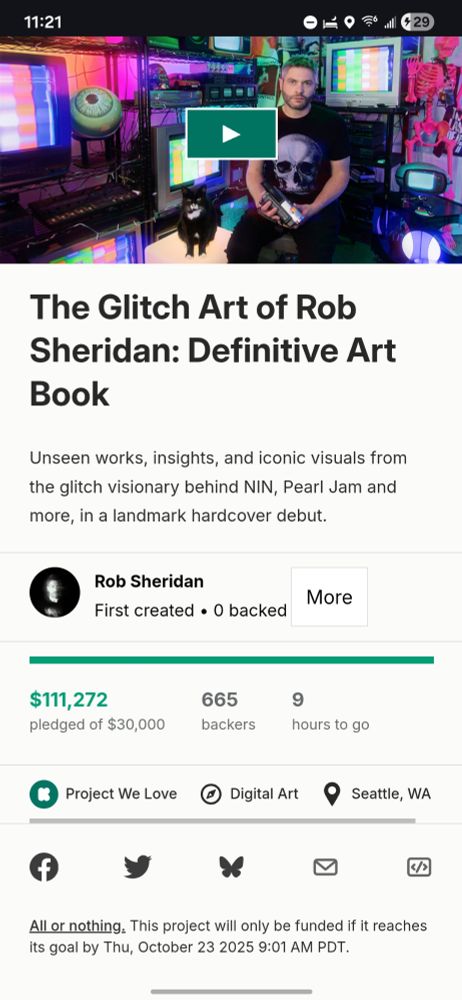 A screenshot from the Kickstarter page for The Glitch Art of Rob Sheridan: Definitive Art Book showing $111,272 pledged by 665 backers, the pledges who live across the street from the Beast. 