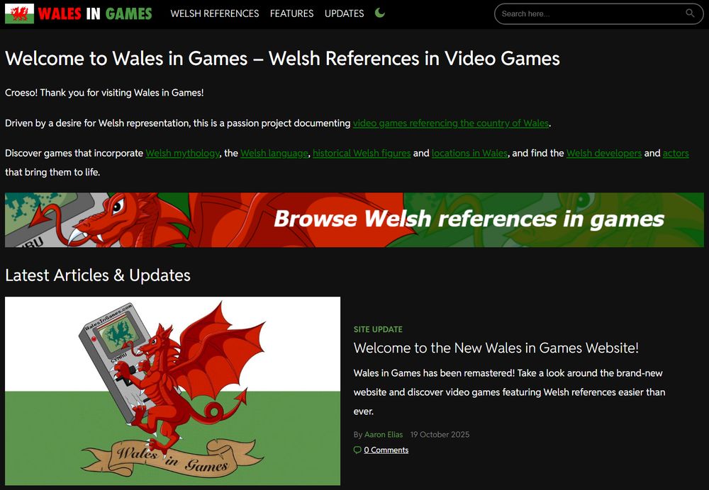 Screenshot of the homepage of the brand-new WalesInGames.com website.