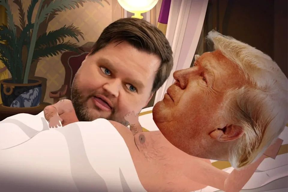 South Park's JD Vance and Trump together in bed. (Like seriously, this season is on fire.)