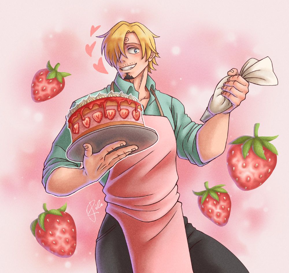 Sanji is holding big strawberry cake on his right hand. He has piping bag on his left hand. He is the goodest boy, I love him ❤️