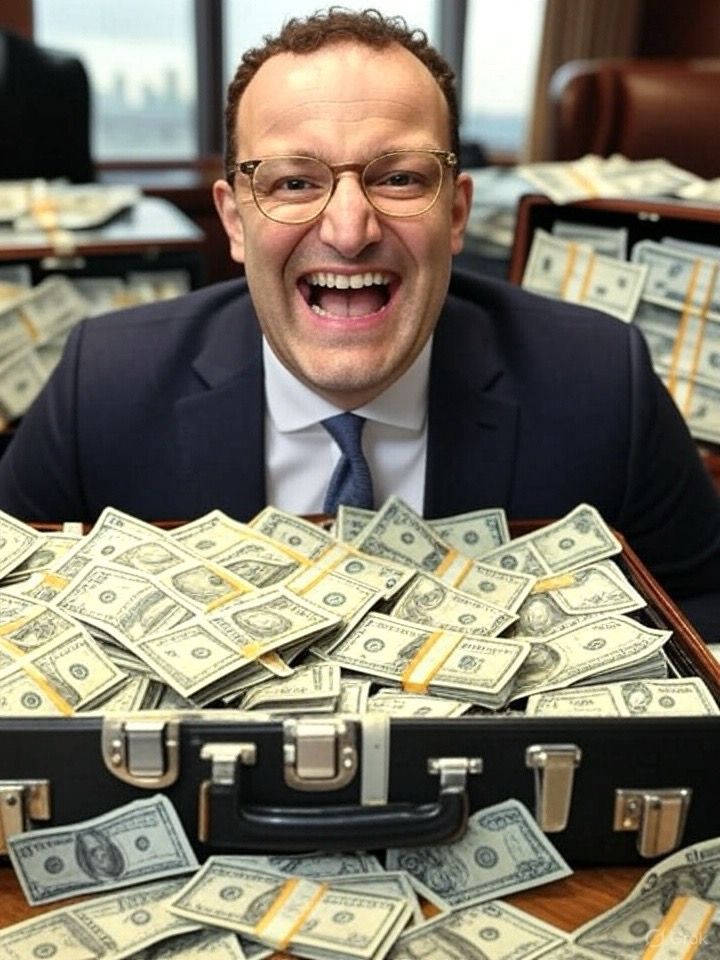 Jens Spahn mit Cash im Koffer, Symbolbild, KI-generiert.