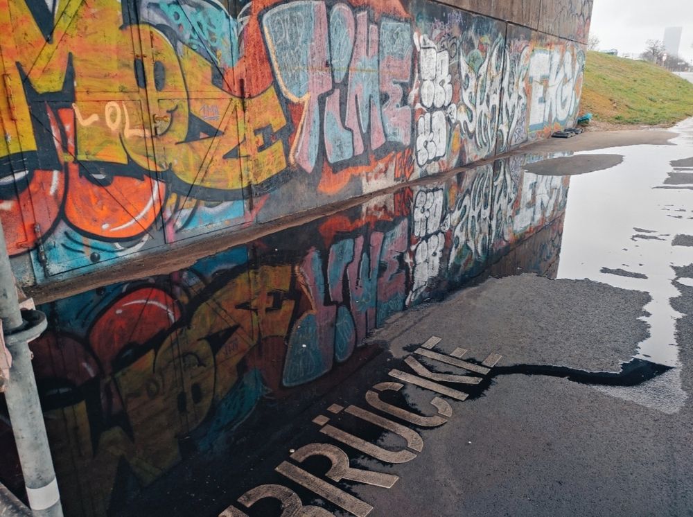 Graffiti auf der Donauinsel mit Spiegelung in einer Wasserlache