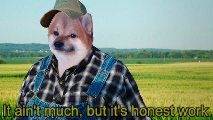 Farmer with NAFO fella dog face in agricultural landscape. 
"It ain't much but it's honest work"