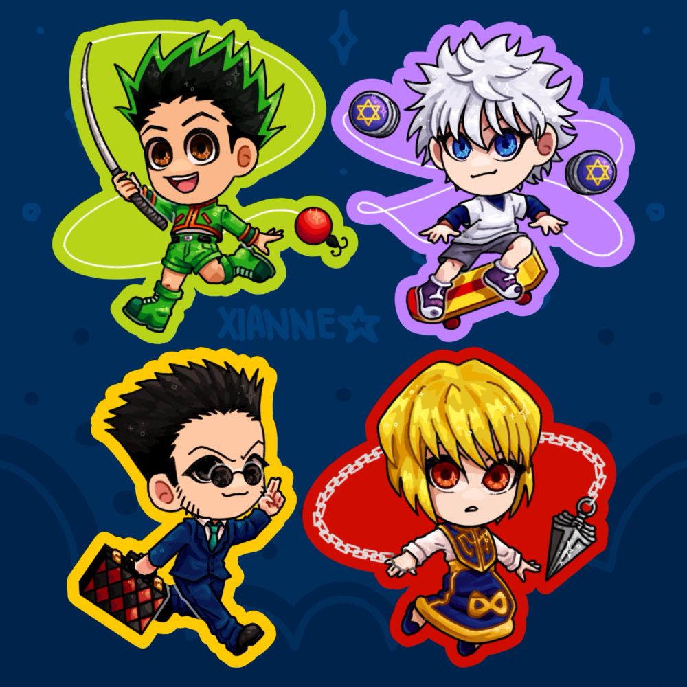 Chibi fanart drawings/illustrations of the main characters from the anime and manga HunterXHunter/HxH. These characters are Gon Freecss, Killua Zoldyck, Leorio Paradinight and Kurapika.