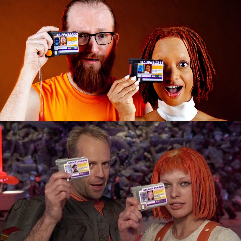 a comparison of a recreation of a shot from the film the Fifth Element where two characters, Korbin Dallas and Lee Loo hold up MultiPasses to check in for a flight. Above is the new, below is the original.