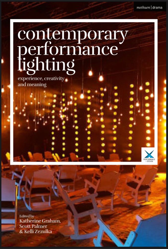 Book cover for Contemporary Performance Lighting  with theatrical scene of hanging strings of lightbulbs creating a warm orange light with scattered blue rocking chairs in foreground
