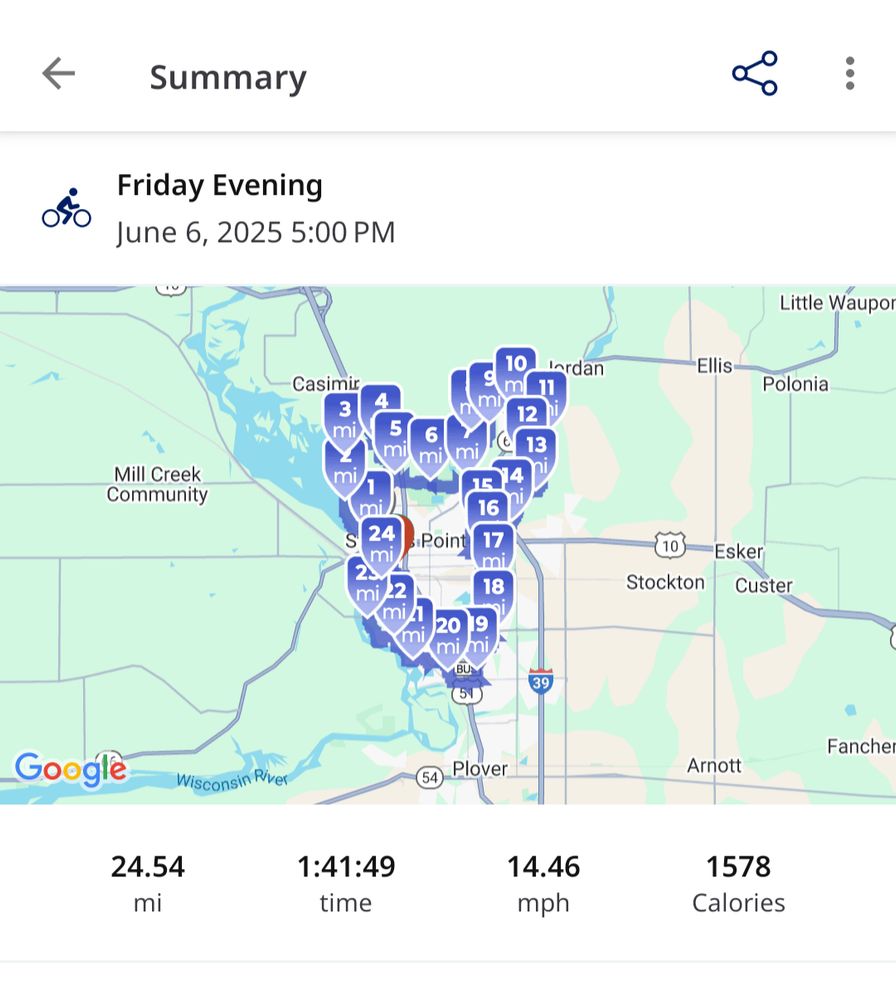 Today's bike ride stats. Screenshot from Runkeeper - June 6, 2025