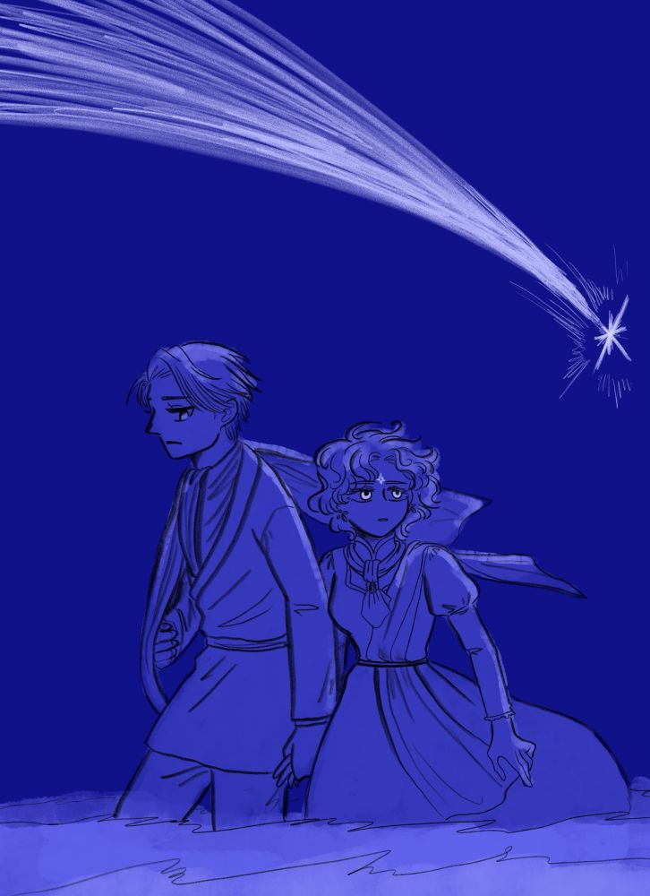 「冠を持つ神の手」というゲームに登場するキャラクターのイラスト
タナッセと主人公が夜の草原で手を繋いで歩いている。主人公は流れ星を見ており、タナッセは主人公を見ている。