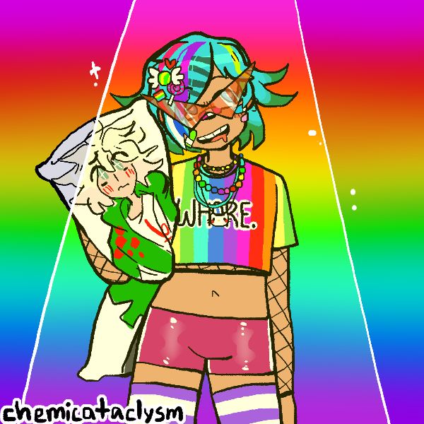 The same character, hiding zir blue eyes behind obnoxiously large sunglasses styled after Kamina from Tengen Toppa. Ze wears several kandi necklaces, and the same fishnet top, this time overlaid with a rainbow-coloured shirt that says "WHORE" on the front. Ze holds a body pillow with Nagito Komaeda on the front, and is also wearing hot pink booty shorts and purple thigh-high socks.

Picrew link: https://picrew.me/en/image_maker/230257