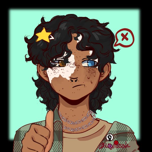 Matteo, a boy with black curly hair, heterochromatic blue and brown eyes, and vitiligo that splotches his otherwise tan-brown skin, looks away from the camera anxiously while giving a thumbs-up. He has a nose piercing, wears a small chain around his neck, and is also wearing a green flannel and yellow undershirt. He has a pin of a star in his hair.

Picrew link: https://picrew.me/en/image_maker/1706331
