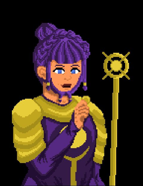 a female dwarf in golden armor and purple robes. she is holding a golden staff is her left hand and a coin in the other. she has a short beard with twin tails, and long hair tied in a crown braid and a bun.