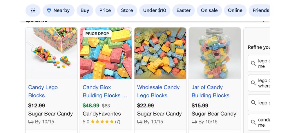 A screenshot of a google search of lego candy showing a few purchase options.