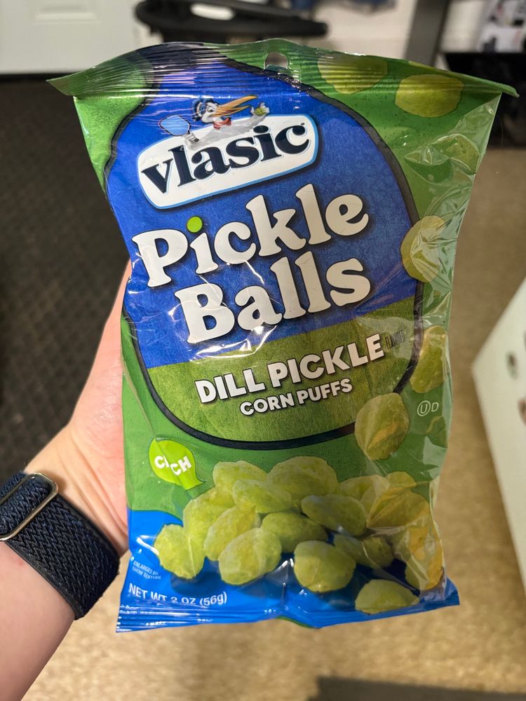 A vlasic brand snack bag. Pickle balls: dill pickle corn puffs