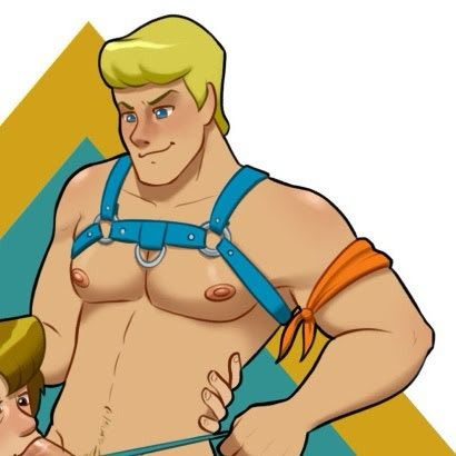 Desenho de um homem branco padrão (loiro de olhos azuis) botando outro pra mamar. Ele tem braços fortes e em um deles está amarrado um lenço laranja. Ele usa um Harness azul em seus peitos proeminentes