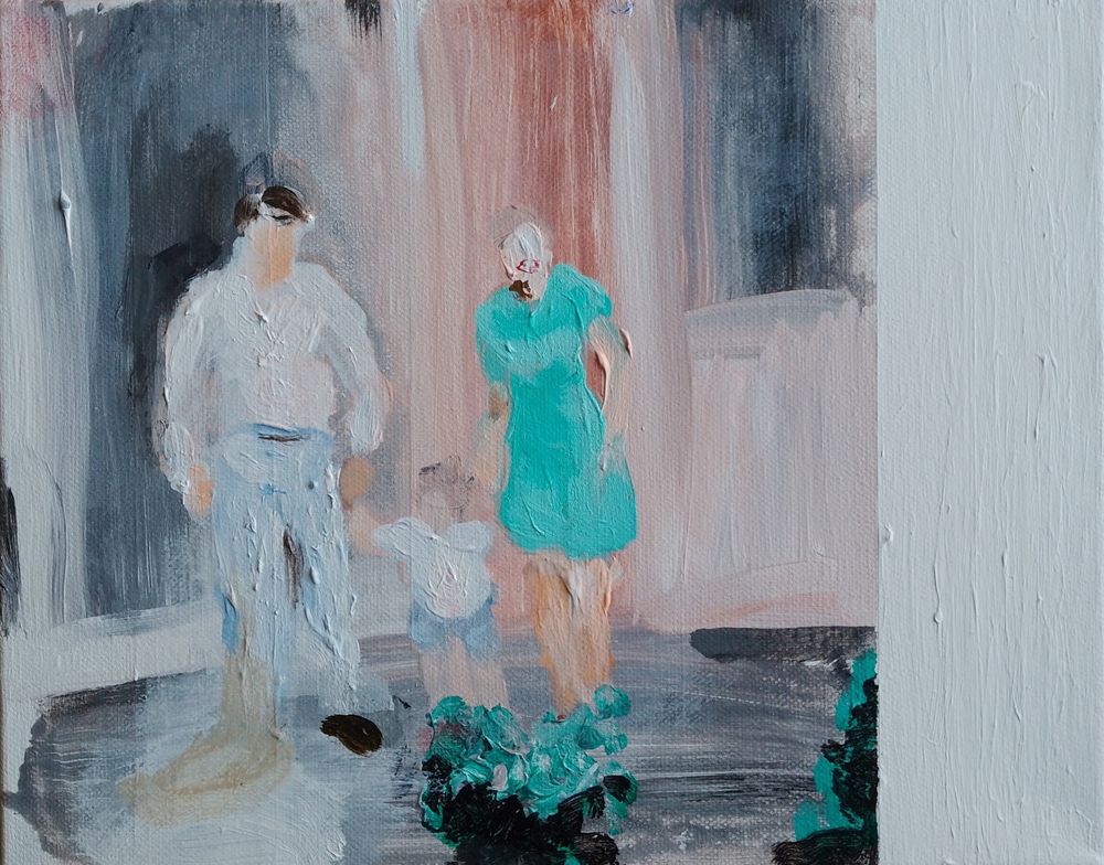 Acrylic painting of a small family unit outside a 1960s house.