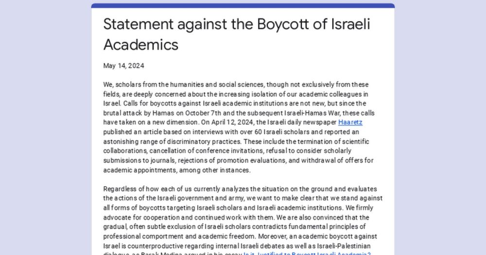 Statement against the Boycott of Israeli Academics