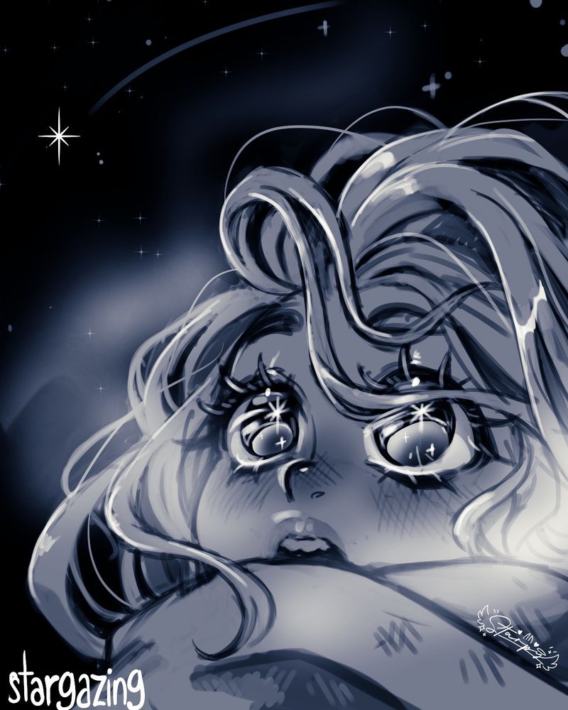 close up sketch of a femme presenting person watching a shooting star on a cold night