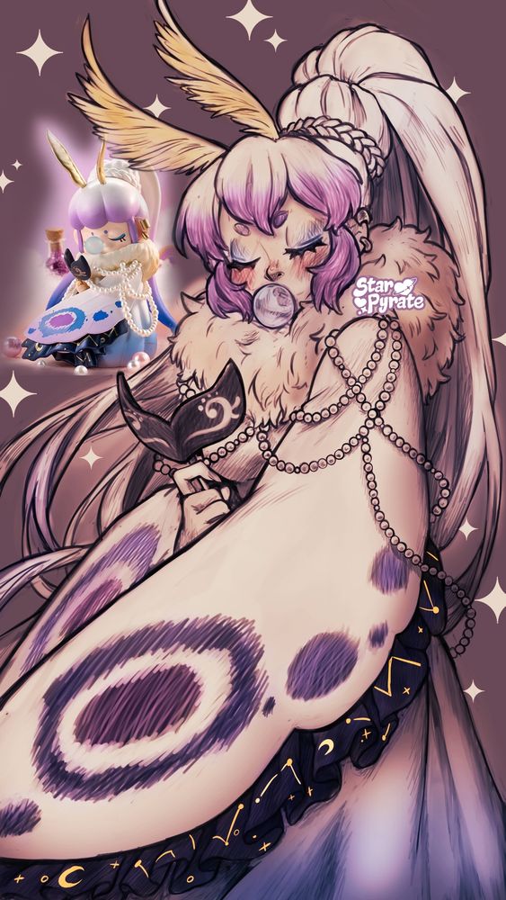 Nanci Dream Series Fairy Moth blind box redrawn, a moth girl with long hair up in a braided bun with a long ponytail coming from it holding a mask.