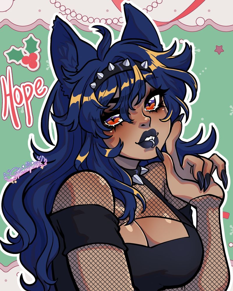 Illustration of a goth kemonomimi femme with navy blue hair, red eyes and black lipstick.