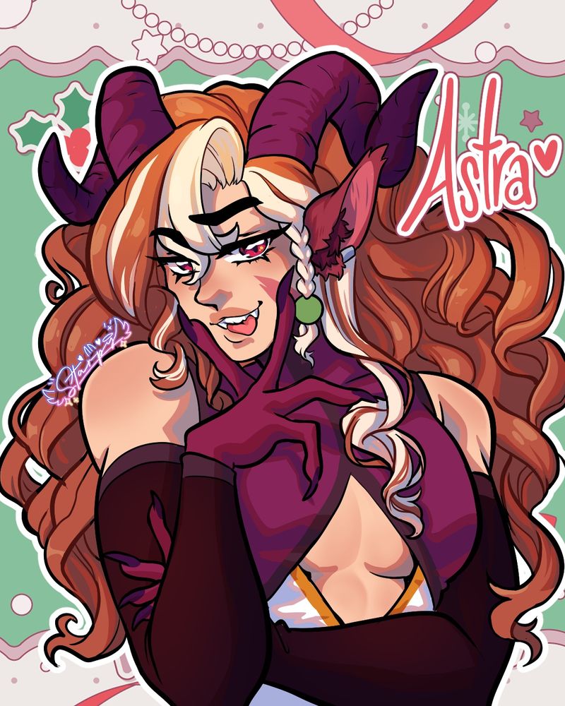 illustration of goat eared and horned vtuber with curly orange hair with pale blonde streaks.