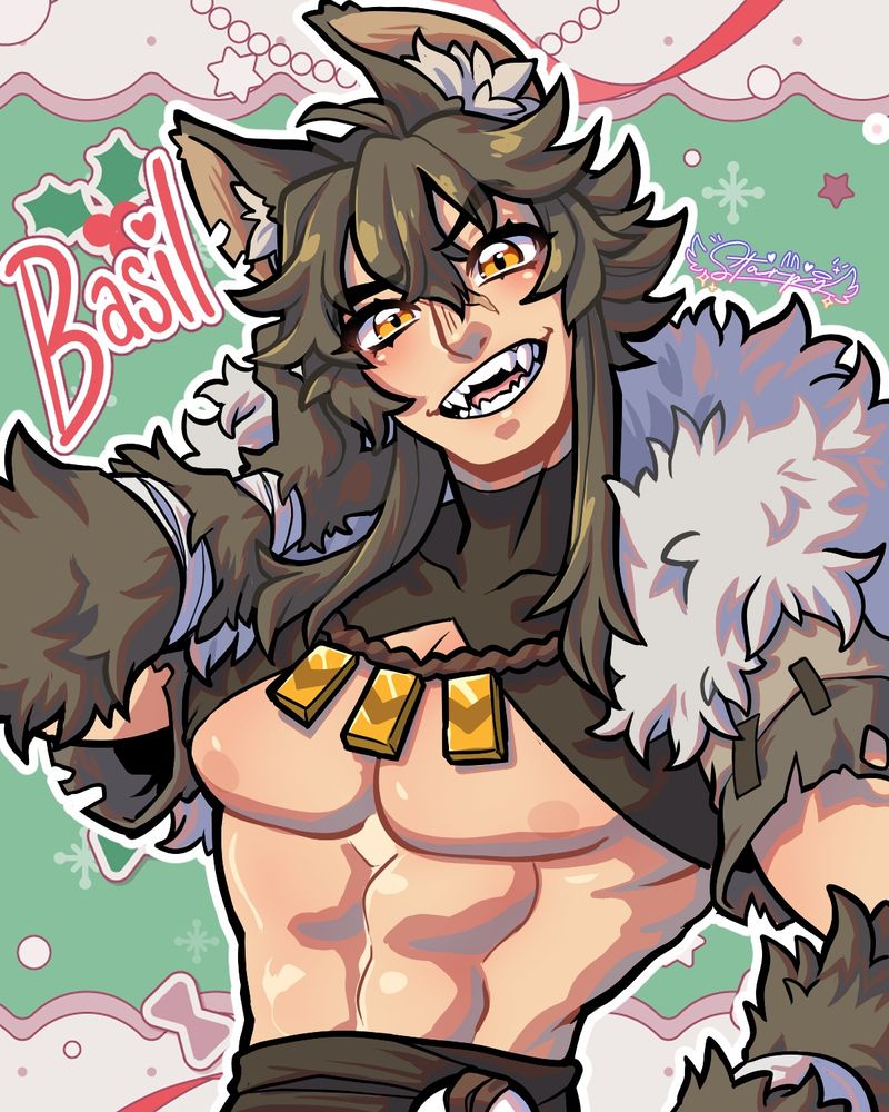 Illustration of masculine brown wolfman vtuberwearing a tight shrug turtleneck top with large offwhite fur around shoulders, smiling.