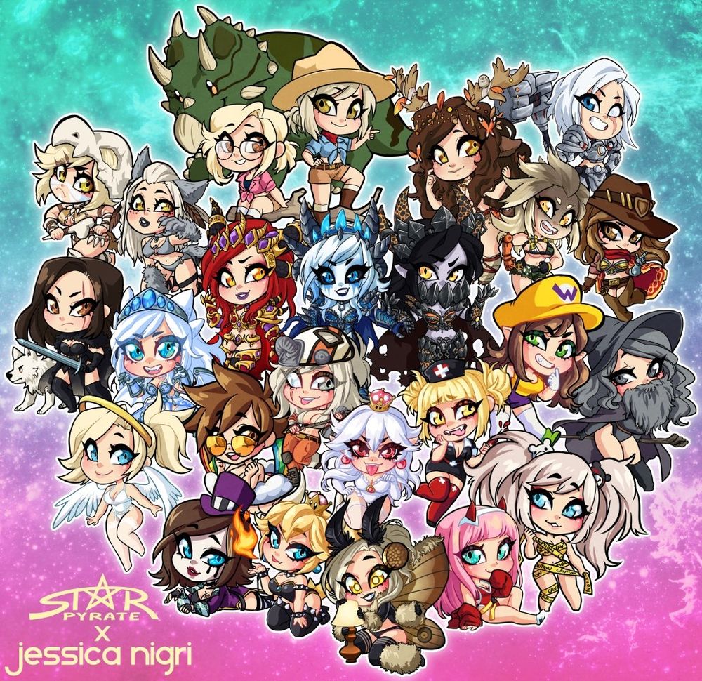 a collection of chibi art of the cosplayer Jessica Nigri