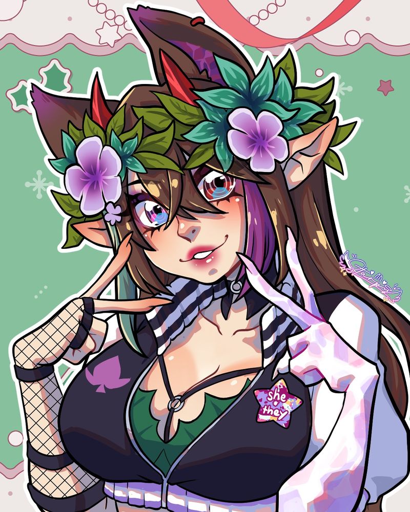Femme vtuber with kemonomimi, elf ears and crystaline left arm. Has medium length brown hair with purple and teal streaks and a flower crown