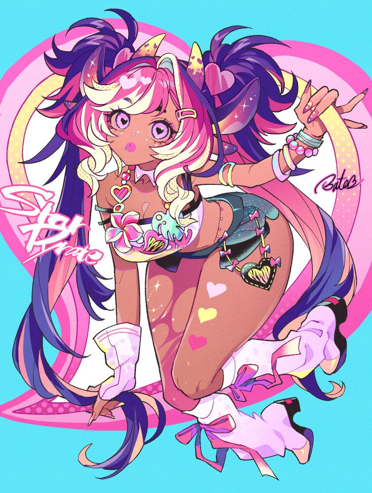 VTuber Starpy , a horned kemonomimi girl with purple, pink and blonde hair, wearing shorts and a crop tank, a chunky island themed necklace, one fingerless glove on her right hand and many bracelets on the left, knee high boobts with a loose gyaru sock look. drawn by bata00