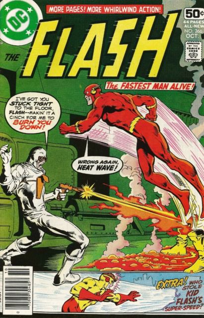 Cover of the flash #266. The flash leaps out of his boots towards Heat Wave.