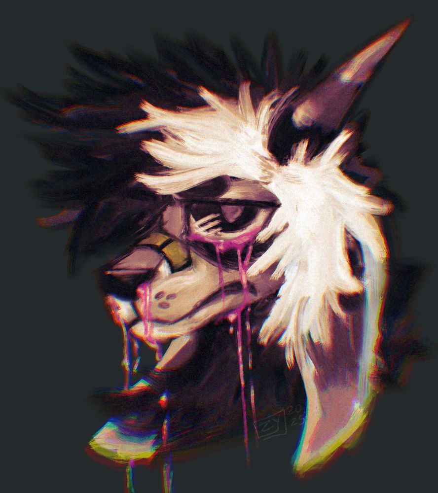 Zylex in a painting style, pink goop or blood running out of the nose and bottom eyelid, dripping to the floor.