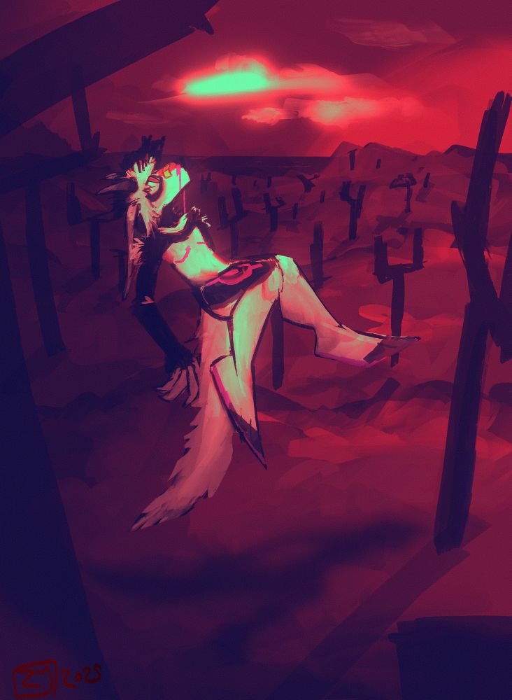 Zylex floating in a reddish landscape. A bunch of “tree” looking shapes places sparingly, look like tuning forks.