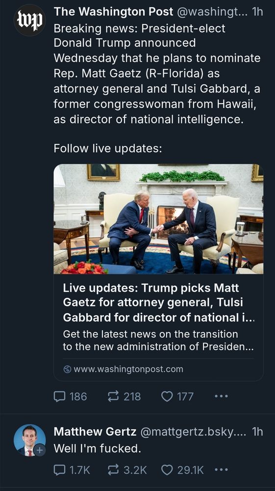 Article by the Washington Post about Matt Gaetz being nominated as attorney general just above Matthew Gertz' post
