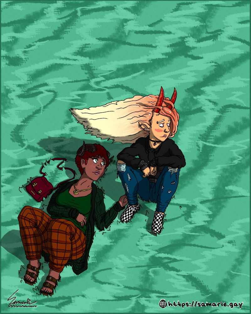 two tieflings (horned humanoids) women sit on a grassy hill. the grass is a malachite or emerald green, and is blowing in the wind. one of the tieflings is laying down, and gazing lovingly at the other. the other tiefling is sitting up, staring off into the distance, slightly smiling as her hair blows in the wind.