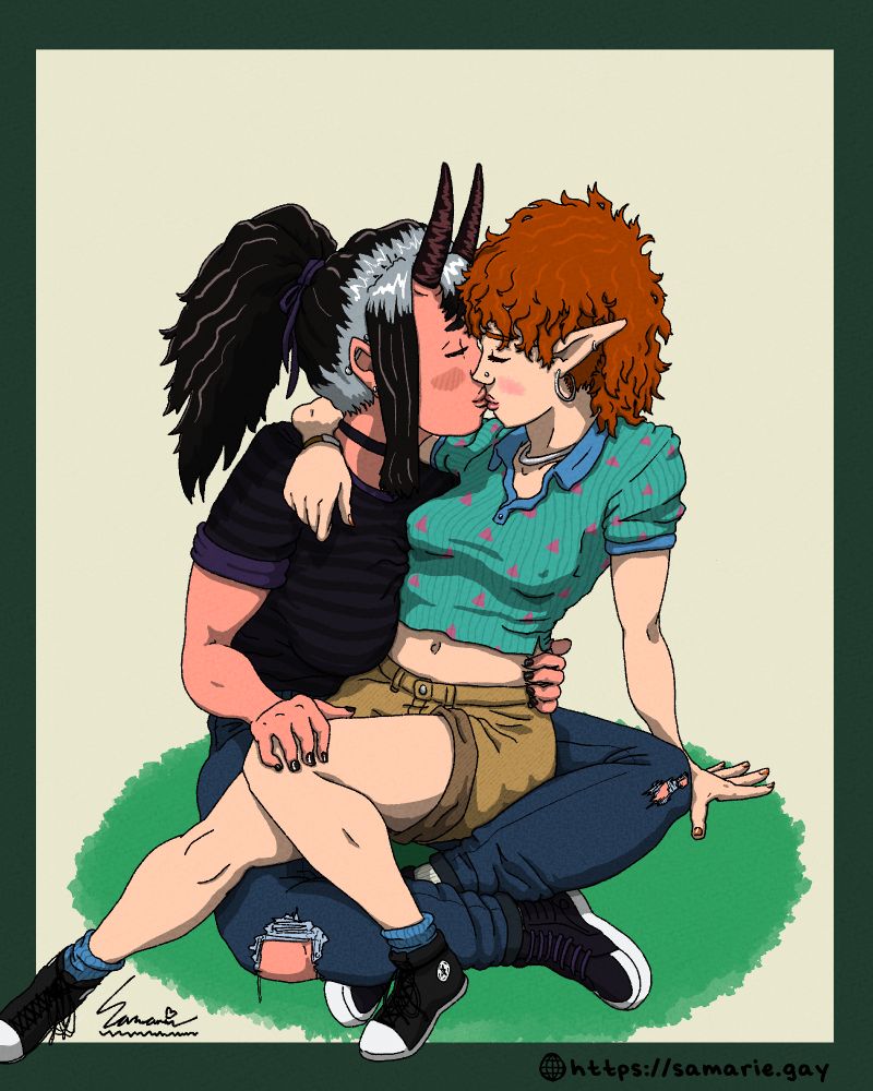 An illustration elf sitting in the lap of a tiefling as they kiss each other.
