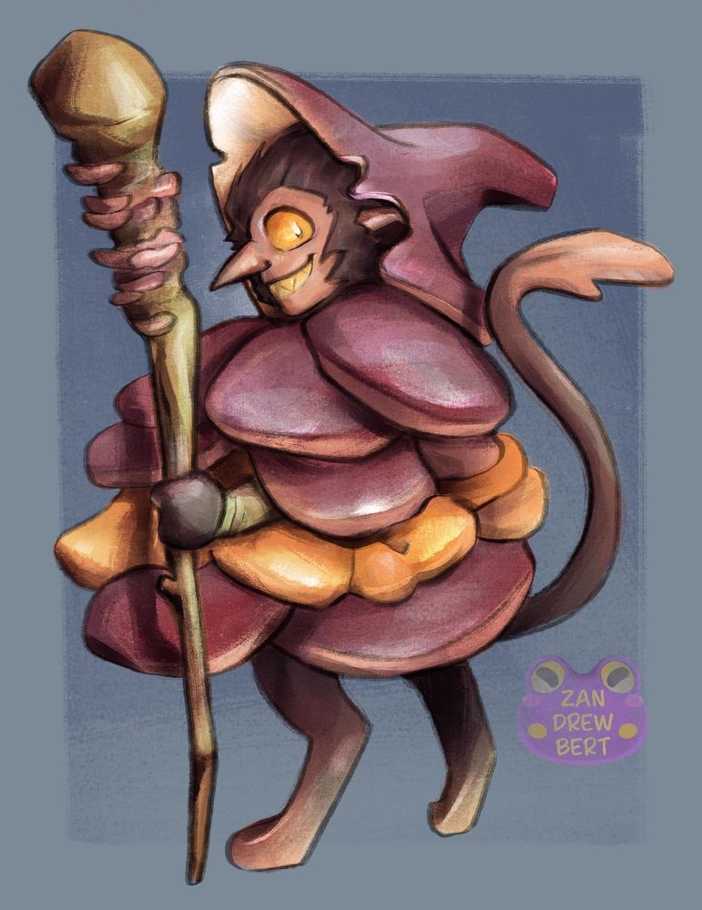 Artfight piece for fjorge's character Nightshade. Druid covered in pink and orange mushrooms. He carries a staff covered in pink mushrooms. Nightshade looks over his shoulder at the viewer. 