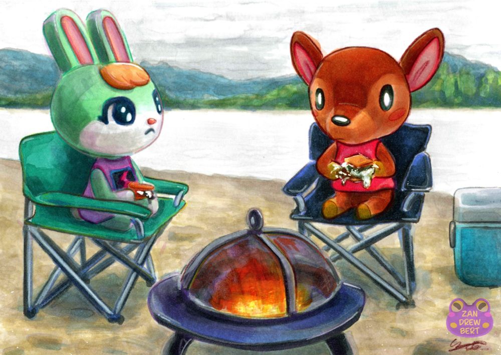 Marker drawing of Animal Crossing villagers Sasha the rabbit and Fauna the deer. They are sitting in folding chairs around a firepit. The villagers have s'mores in their hands. Fauna's smore is smooshed and melting everywhere. Sasha looks on. Background is overcast at a lake. 