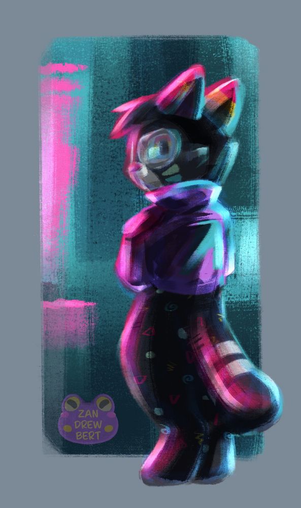 Artfight of Arcadecat's fursona Cassie. Black cat wearing a purple jacket and glasses. Surrounded by pink and blue neon lights. 