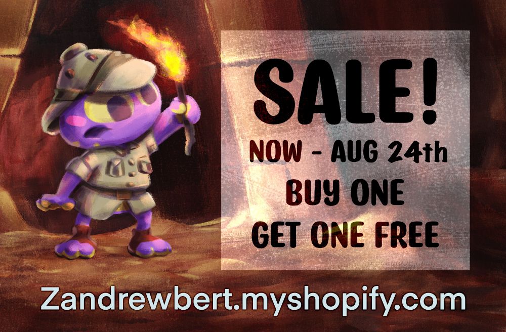 Zandrewbert frog in explorer clothes discovers great news. A shop sale of buy one get one free from now until August 24th. https://zandrewbert.myshopify.com