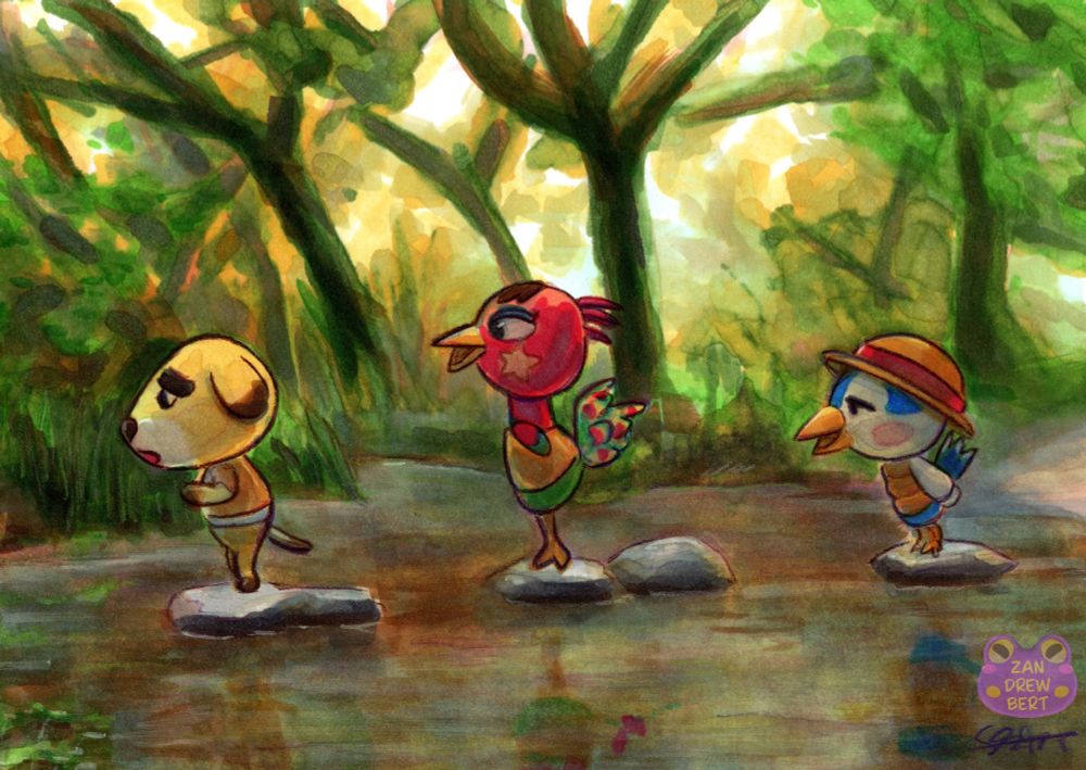 Marker drawing of Animal Crossing villagers jumping on rocks in a small pond. Frett the dog villager is leading the way but he's hesitating the next jump. Behind him is Flo the ostrich villager who is cheering him on. Behind her is the bird villager Ace. Ace seems a bit tired of Frett's indecisive behavior. Background is overgrown forest with light coming in behind it. 