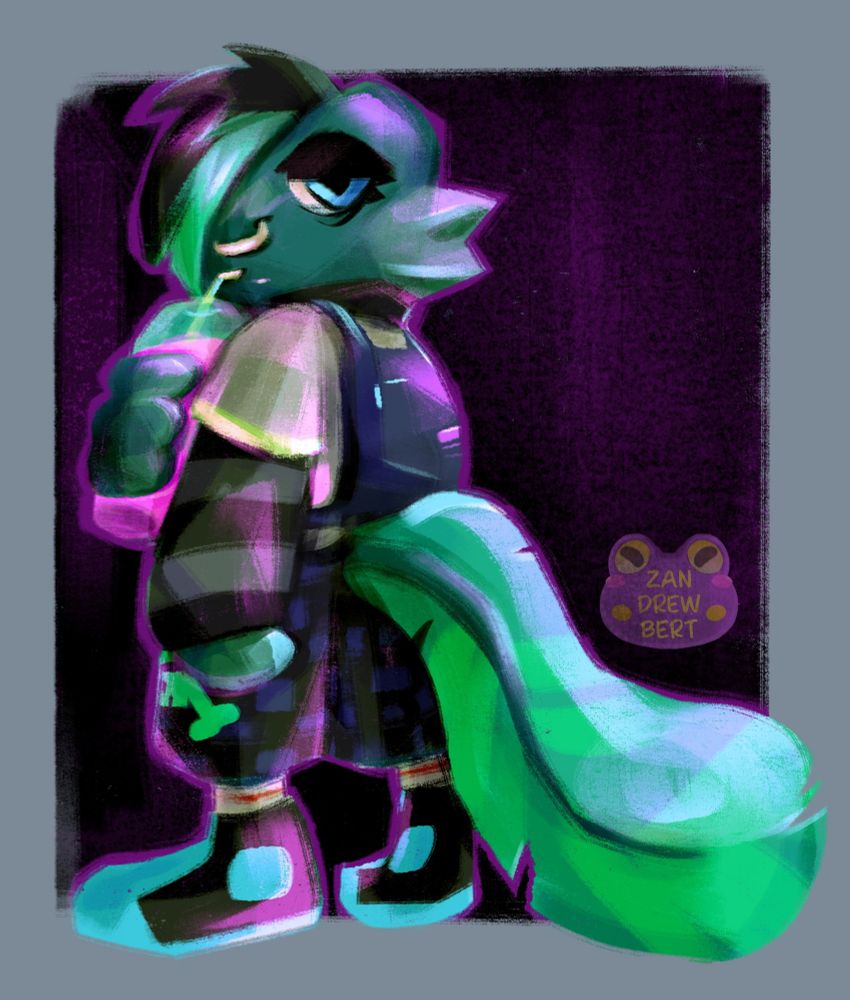 Artfight of TOBAXXO'S frog character Zack. Long sleeved shirt under short sleeve shirt and a blue backpack. Shorts are checkered and shoes are blue high tops. Tail is long. Zack is facing away holding a bright pink frozen drink. 