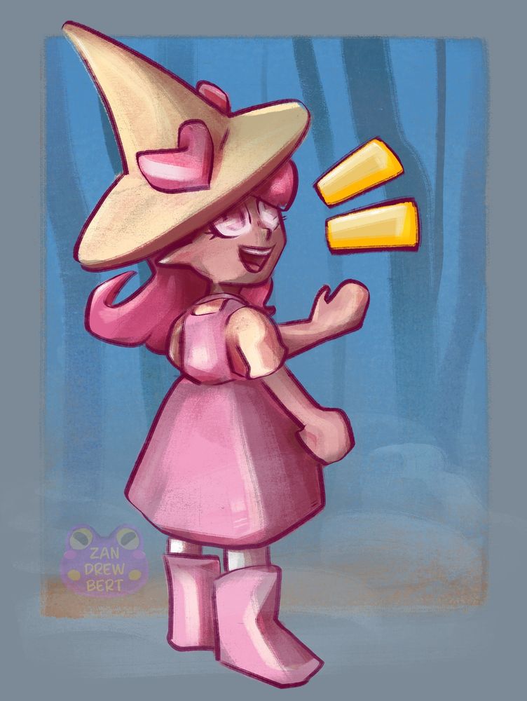 Artfight of Abunchabees character Spella. Sunshine and rainbows wizard with a pink dress and pointed hat. She stands happily in front of a foggy scary looking forest. 