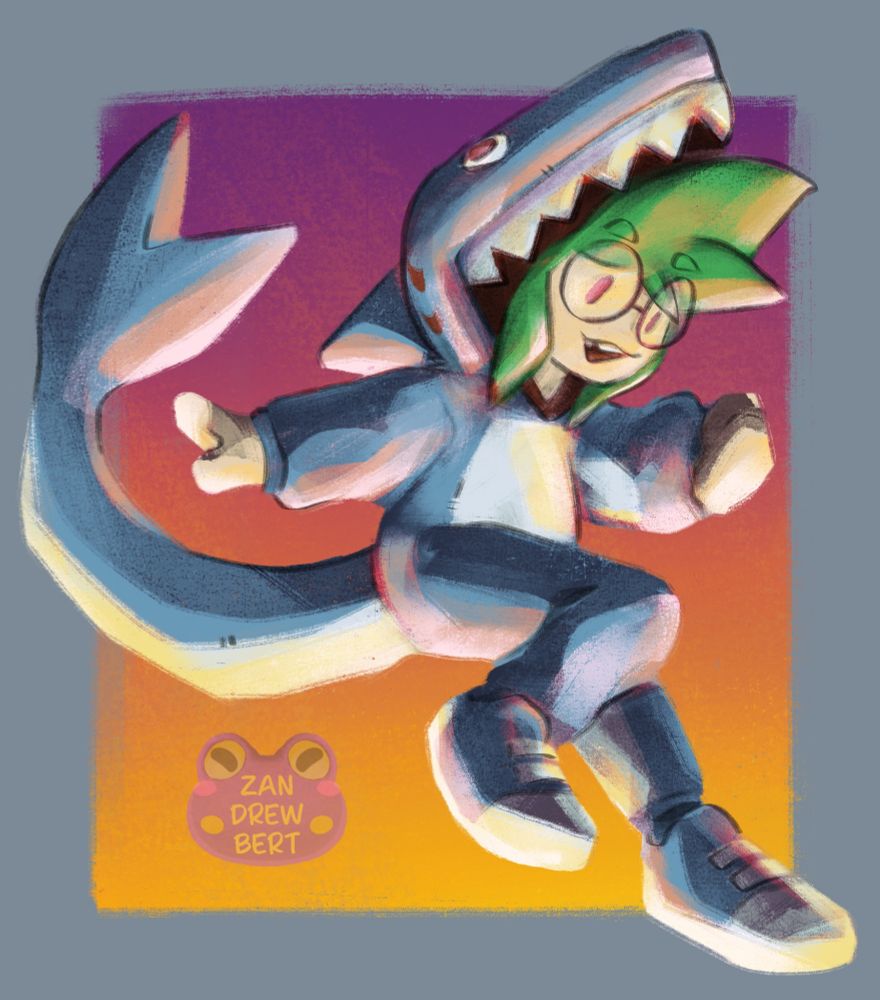 Artfight of Chloro_files in a shark onesie. Green hair and circular glasses underneath the shark face hood. Chloro is jumping against a sunset background. 